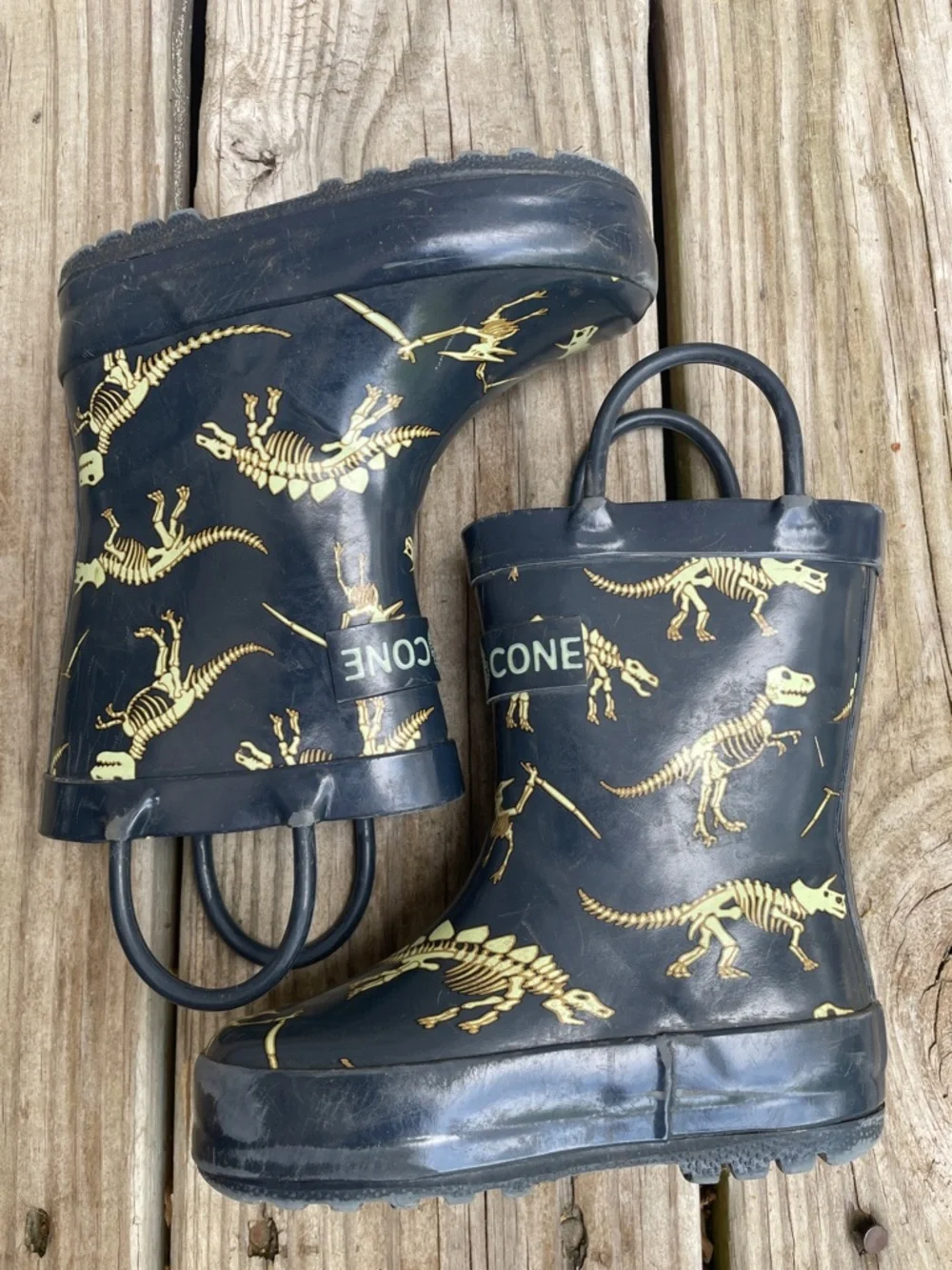 🦕🦖Lone Cone Kids Dinosaur Rain Boots Wellies Navy Yellow Size 5 Waterproof